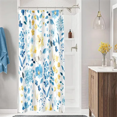 Miniatura 19 de MAYZUS Cortina de ducha con flores azules acuáticas, lindas cortinas de tela con flores para baño, juego de cortinas de tela de aguamarina