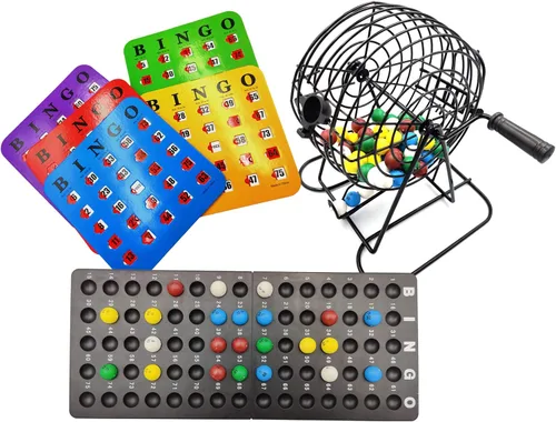 Yuanhe Juego de bingo de lujo, jaula de metal de 6 pulgadas con tablero de llamadas, 5 tarjetas deslizantes de obturador, 75 bolas de colores, para