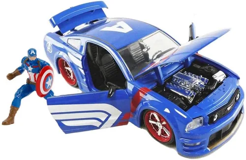Jada Marvel 1:24 2006 Ford Mustang - Auto fundido a presión con figura del Capitán América de 2.75 pulgadas, juguetes para niños y adultos