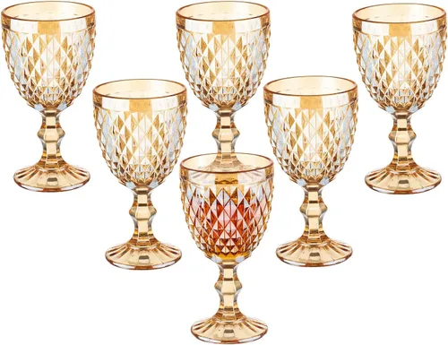 Juego de 6 copas de vino vintage, copas de agua de vidrio de colores de 10 onzas, patrón único en relieve, cristalería de tallo transparente de alta