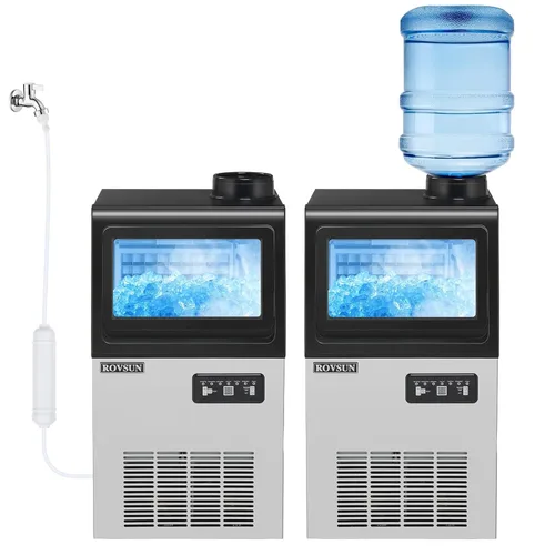 Miniatura 8 de ROVSUN Máquina comercial para hacer hielo de 110 libras/24 horas con 2 entradas de agua, máquina de hielo independiente con contenedor
