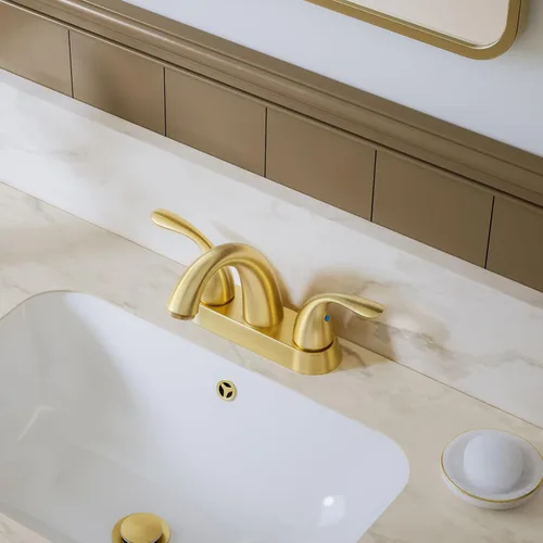 Miniatura 9 de Phiestina Grifo de Baño de Oro Cepillado de 4 Pulgadas Centerset 2 o 3 Agujeros 2 Manijas, Grifo de Baño con Desagüe Emergente de Cobre y Líneas