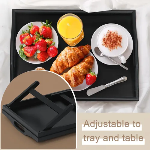 Miniatura 5 de Paquete de 2 bandejas de cama para mesa de desayuno, bandejas de servir, bandeja de bambú para cama portátil con patas plegables, asas y soportes