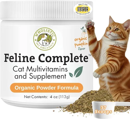 Wholistic Pet Organics Feline Complete Organic Pumpkin - 4 onzas - Multivitamínico y probiótico en polvo para gatos - Alimento natural para gatos y
