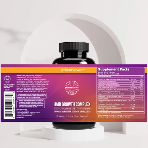 Miniatura 5 de Primal Harvest Vitaminas para el crecimiento del cabello, crecimiento del cabello para mujeres y hombres, 60 píldoras de crecimiento del cabello