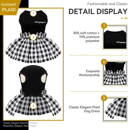 Miniatura 7 de PETCARE Vestido clásico para perros pequeños, vestidos negros a cuadros para perros, suave y lindo vestido de verano para cachorros, camisa Shih Tzu