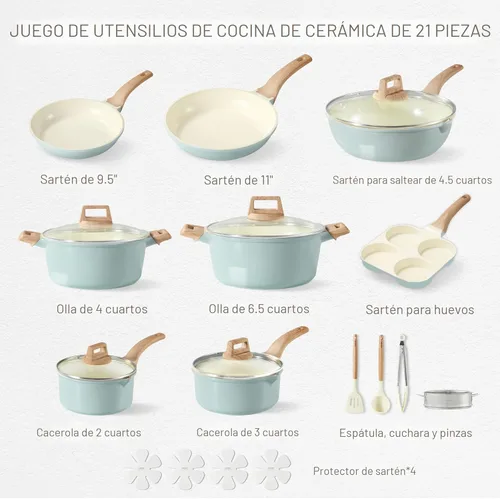 Miniatura 2 de CAROTE Juego de ollas y sartenes de cerámica de 21 piezas, juego de utensilios de cocina antiadherente para inducción, saludable no tóxico, libre