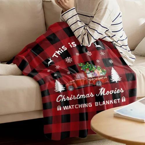 Miniatura 3 de Manta de Navidad para Camión, Super Suave de Franela y Forro Polar, "Esta es mi manta para ver películas de Navidad", Árbol Camión Rojo a Cuadros