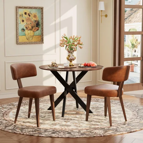 Miniatura 10 de Juego de mesa de comedor de madera para 2, mesa de cocina redonda de 36 pulgadas con 2 sillas de comedor Boucle, mesa de MDF con patas de metal