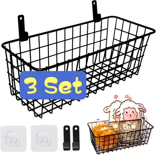 Miniatura 8 de Joben Oligey Juego de 3 Cestas Colgantes de Alambre, Cesta de Frutas para Montaje en Pared, Sin Perforación, Cesta de Metal Pequeña Adhesiva