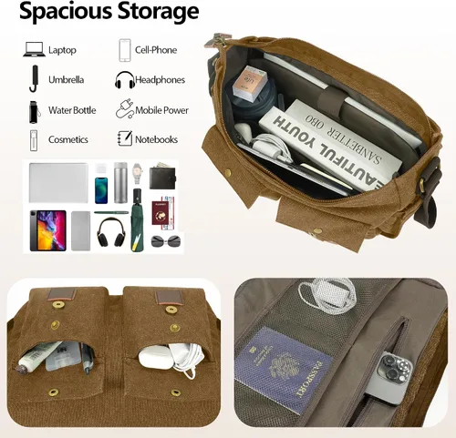 Miniatura 7 de Bolsa tipo mensajero para hombre, bolsa para laptop de 15.6 pulgadas, bolsa vintage de lona encerada, resistente al agua, maletín de cuero