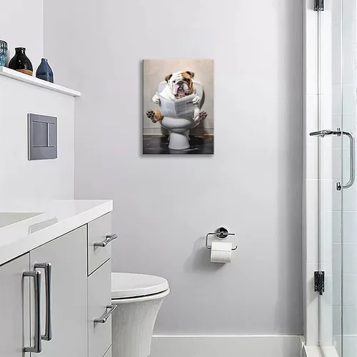 Miniatura 2 de Arte de pared de baño para perro, divertido decoración de pared de baño, diseño de bulldog inodoro, lienzo impreso, pintura para decoración