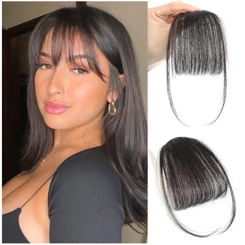 MOCA HAIR 100 % cabello humano con clip en flequillo, color negro y marrón claro, cabello humano real para cabello natural
