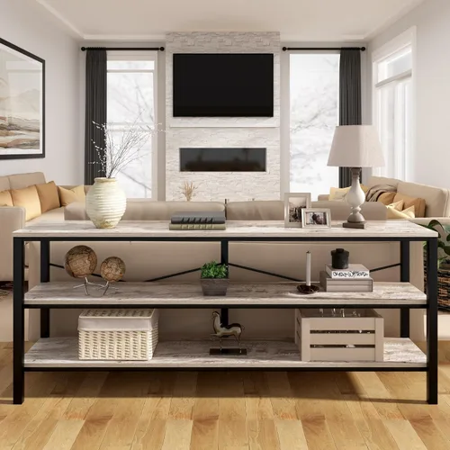 Mesa consola industrial de 71 pulgadas detrás del sofá, mesa de sofá extra larga con estantes de almacenamiento de madera de 3 niveles, mesa de TV