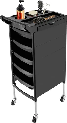 Miniatura 9 de Carrito profesional de salón, carrito de salón negro con asa y ruedas, 5 cajones y 2 soportes para secadora de pelo, bandeja lateral, carrito