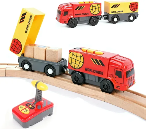 Miniatura 10 de Tren a pilas para pista de madera, potente locomotora con motor de control remoto, juguete de tren con luz y sonidos, regalo para niños pequeños