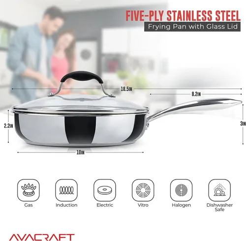 Miniatura 2 de AVACRAFT - Sartén de acero inoxidable 18/10 de 10 pulgadas con tapa, boquillas laterales, inducción, sartén de acero inoxidable versátil