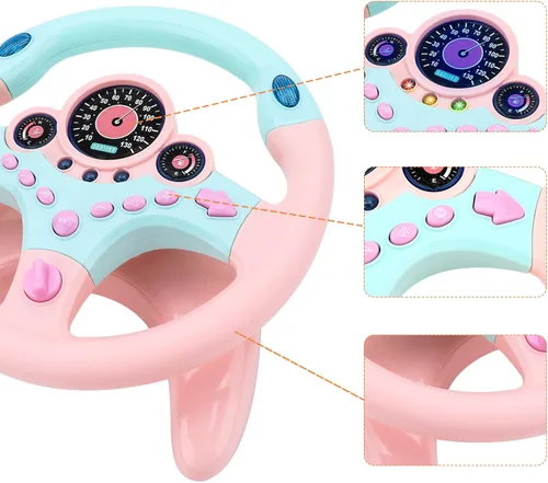 Miniatura 4 de deAO Volante para niños para asiento trasero con llave, juguetes para bebés, pretender conducir, juguete de volante simulado con luz y música, Rosa