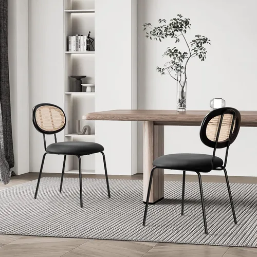 Juego de 2 sillas de comedor con respaldo de ratán moderno de mediados de siglo, sillas laterales de cocina tapizadas de cuero negro con patas de