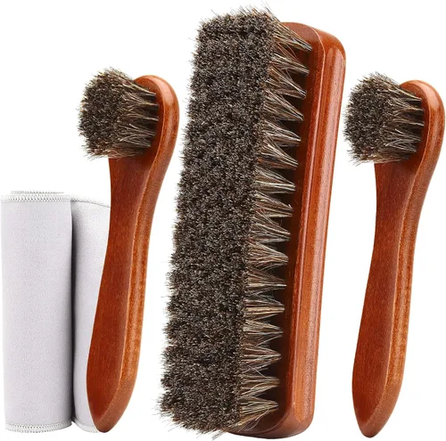 Unekez Kit de 4 cepillos para zapatos de crin de caballo, kit de esmalte de zapatos, cepillo de limpieza de botas de cuero, cepillo de limpieza para