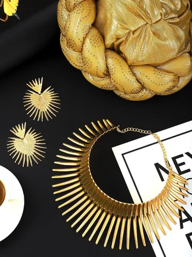 Miniatura 6 de Yinkin Juego de joyas africanas para mujer, para fiestas, doradas, collares, baberos, turbante africano, para fiestas temáticas