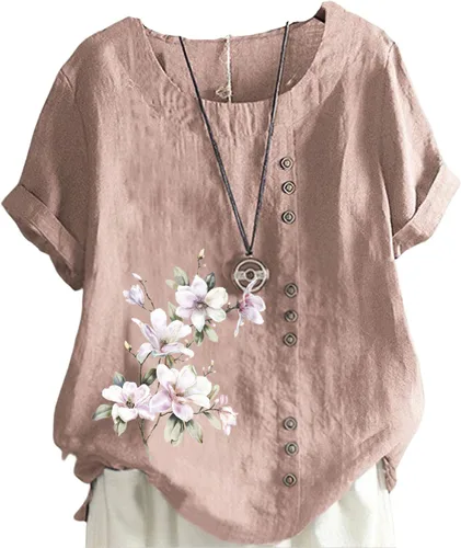 Camiseta de manga corta de algodón y lino con estampado floral para mujer, estilo vintage, casual, talla grande, cómoda, ajuste holgado