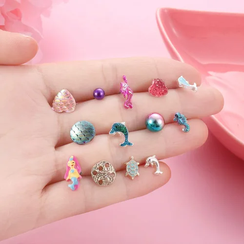 Miniatura 2 de Varios aretes de tuerca con temática de la vida marina del océano, juego de 30 pares, múltiples perlas de cristal, concha marina, escala de peces