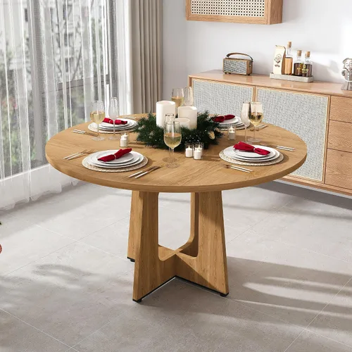 Mesa de comedor redonda estilo granja para 6, mesa de cocina circular de 47" MDF con acabado de grano de madera, mesa de cocina y comedor de madera