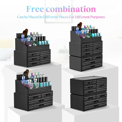 Miniatura 3 de Paquete de 3 organizadores de maquillaje apilables [actualizados], estuches de almacenamiento de cosméticos acrílicos con 8 cajones organizadores