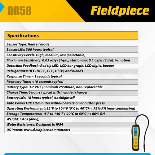 Miniatura 3 de Fieldpiece - DR58 Detector de fugas de refrigerante con diodo calentado - Ultrasensible localizador de fugas con pantalla LCD retroiluminada grande