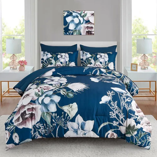 Miniatura 28 de Luxudecor Juego de edredón floral tamaño King de 7 piezas, cama de flores azul marino en una bolsa, elegante edredón floral con juego de sábanas