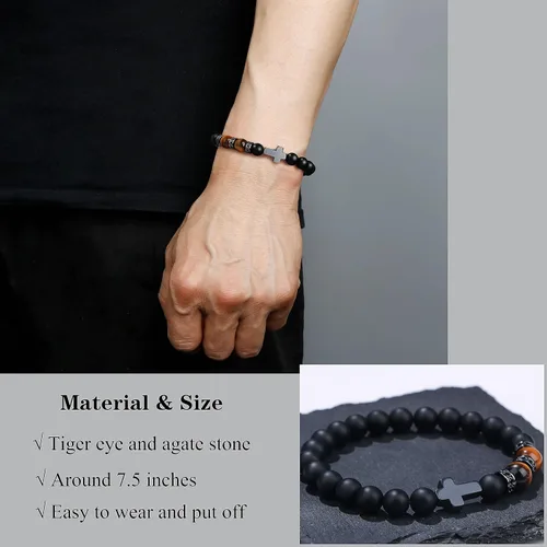 Miniatura 2 de Pulsera de cruz para hombres, para papá, hijo, nieto, marido, padrino, tío sobrino, hermano, regalo inspirador de ojo de tigre, pulsera curativa