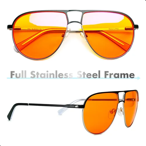 Miniatura 2 de Lentes de bloqueo de luz azul aviador naranja para un mejor sueño, 97% metal de alta calidad, lentes clásicos de aviador para migraña para mujeres