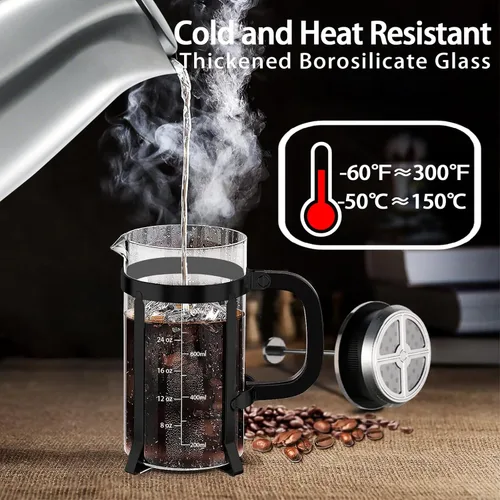 Miniatura 3 de YMMIND - Cafetera de prensa francesa de acero inoxidable 304, con sistema de filtración de 4 filtros, vidrio de borosilicato grueso resistente al
