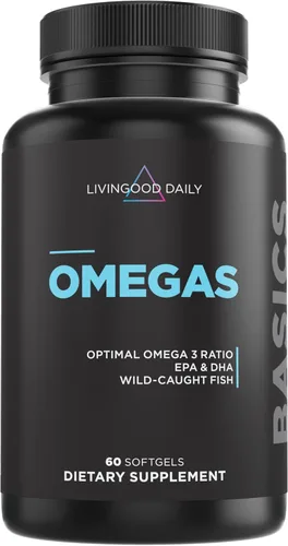 Livingood Daily Suplemento Omega 3 de aceite de pescado, EPA y Dha de pescado capturado silvestre, ácidos grasos Omega 3 para la salud del corazón,