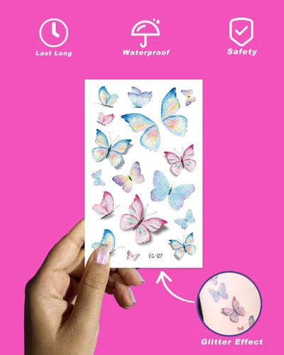 Miniatura 6 de Maquillaje de mariposa con purpurina para mujeres adultas, 10 hojas de mariposas coloridas, alas falsas de hada, calcomanías impermeables