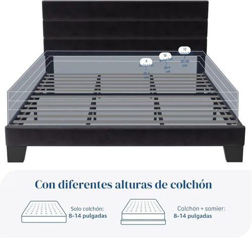 Miniatura 7 de Allewie Base de cama de plataforma tamaño King con cabecera tapizada de terciopelo y soporte de listones de madera, base de colchón totalmente Negro