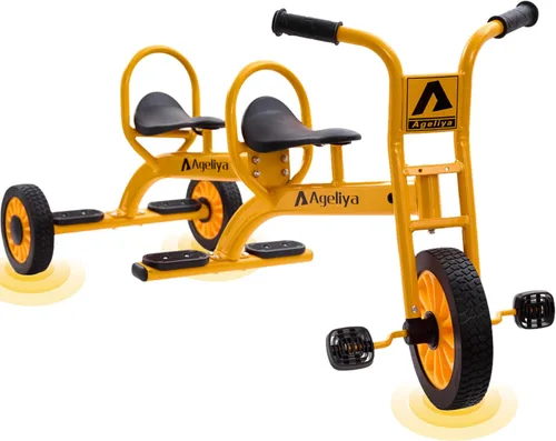 Triciclos en Tándem para Niños de 3 a 5 Años, Triciclo de Pedal Preescolar para Juego Grupal en el Patio, Marco de Metal Resistente, Neumáticos de