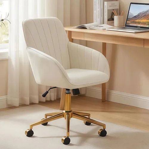 Miniatura 22 de Silla de oficina de terciopelo a rayas, silla ergonómica giratoria de 360° con respaldo alto, base dorada y ruedas, silla moderna de altura Rosa