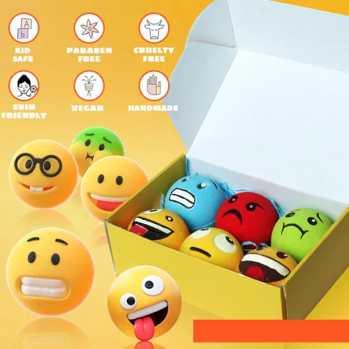 Miniatura 3 de HZEX Juego de 6 bombas de baño faciales grandes con emociones – Divertidas bombas de spa inspiradas en emojis – Hecho a mano con manteca de karité