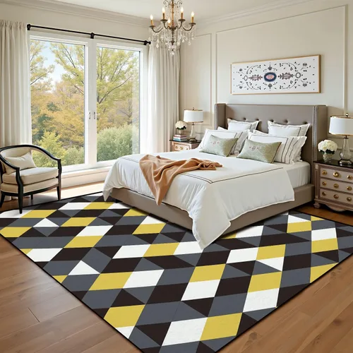 Miniatura 7 de Alfombra abstracta retro con formas geométricas coloridas, amarillo, gris, negro y blanco, alfombra de juego para exteriores, alfombra de juego
