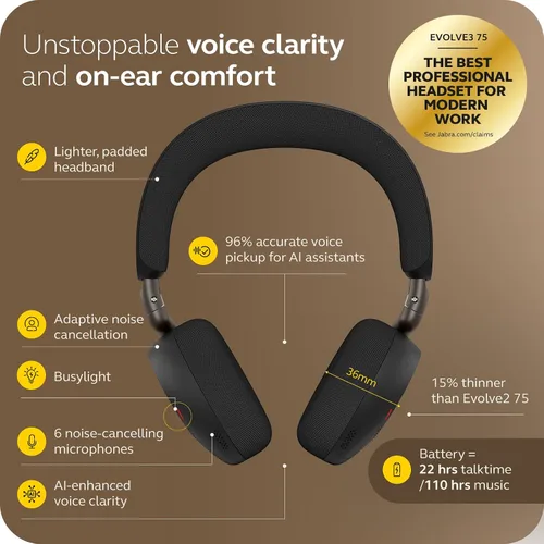 Miniatura 3 de Jabra Evolve3 75 Auriculares inalámbricos Bluetooth con micrófono para el trabajo, USB-A, tecnología de llamada de voz AI, cancelación activa