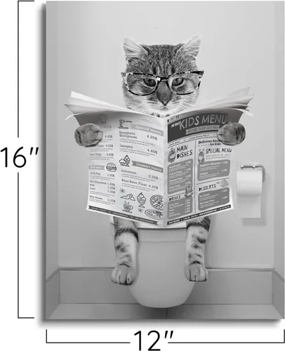 Miniatura 2 de Divertido lienzo de pared de gato en blanco y negro, decoración moderna de pared de baño, gato sentado en el inodoro, lectura de periódicos, pintura