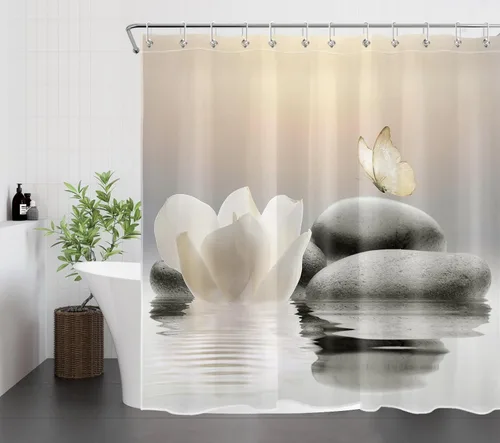 Miniatura 4 de HVEST Cortina de ducha Zen floral para baño, cortina de ducha de piedra zen y flor blanca, mariposa amarilla con ganchos, cortinas de baño modernas