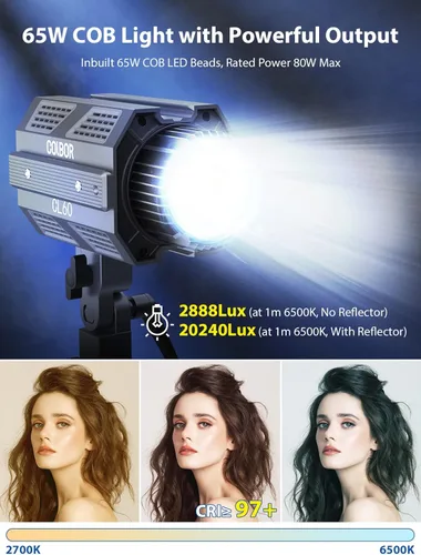 Miniatura 2 de Colbor CL60+VM2 65W COB Luz continua 2700K-6500K Luz de video LED con adaptador de montaje en V y cable D-Tap a Tipo-C, luz diurna con aplicación