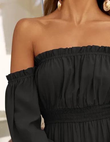 Miniatura 101 de ZESICA - Vestido largo, bohemio y sexy, con hombros descubiertos y manga larga fruncida, con elástico fruncido, cintura alta y abertura lateral
