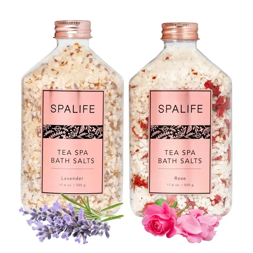 SpaLife Tea Spa - Sales de baño minerales efervescentes con infusión de pétalos – lavanda y rosa, paquete de 2 unidades de 17.6 onzas para