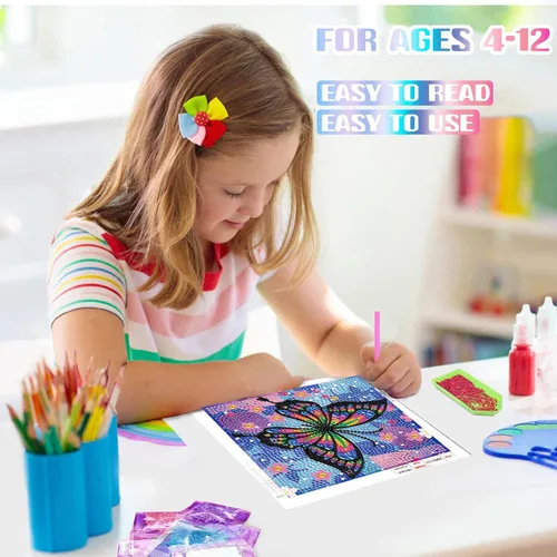 Miniatura 6 de xackcme Kits de pintura de diamantes de mariposa para niños con marco, arte de diamantes de mariposas para niños de 4 a 8 a 12 años, kit de pintura