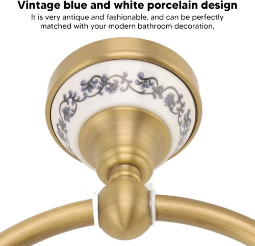 Miniatura 5 de Bath Towel Ring, Antique Brass Finish Wall Mounted Hand Towel Holder with Blue and White Porcelain Decal Hardware for Bathroom Kitchen