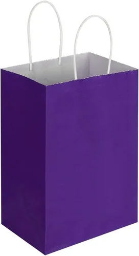 Miniatura 5 de Oikss Paquete de 50 bolsas pequeñas de papel kraft morado de 5.25 x 3.25 x 8.25 pulgadas con asas a granel para cumpleaños, bodas, fiestas, Púrpura